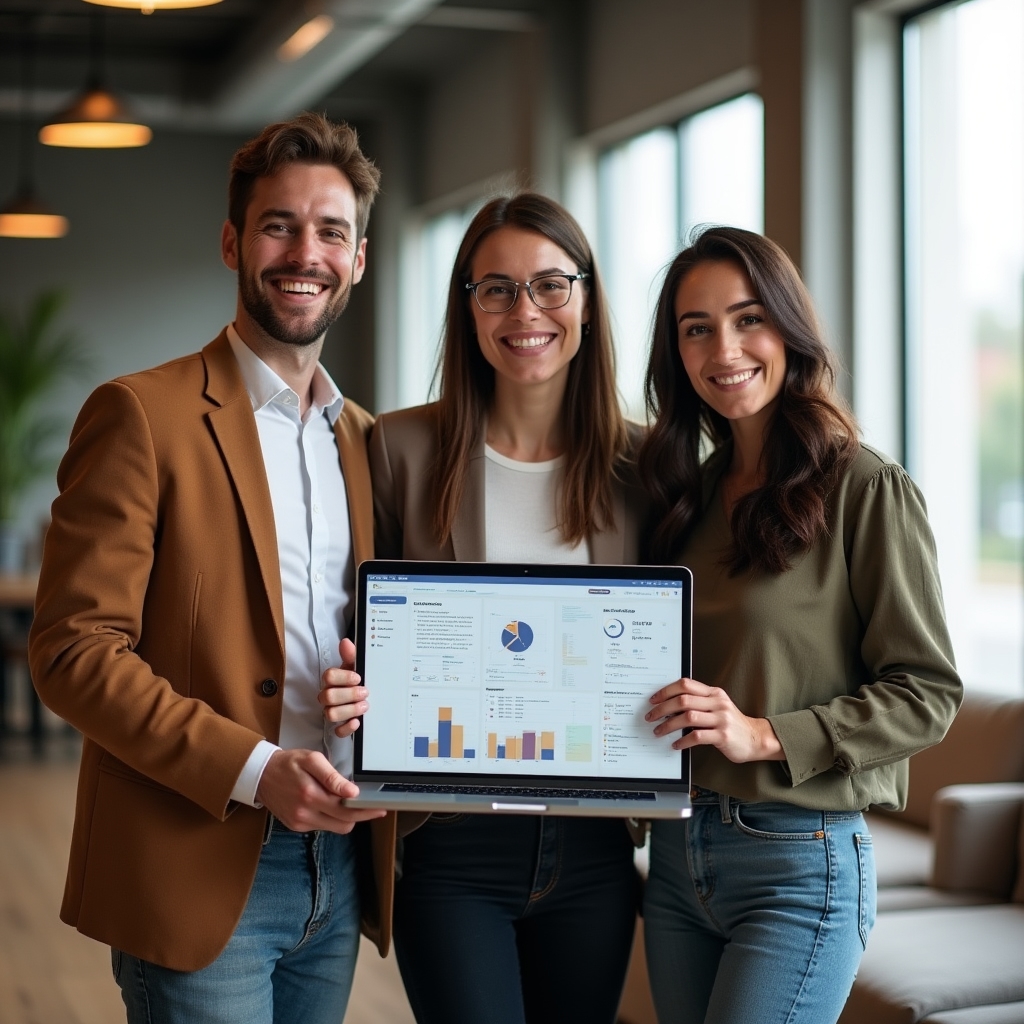 Small group of program graduates smiling together while reviewing a printed certificate and laptop