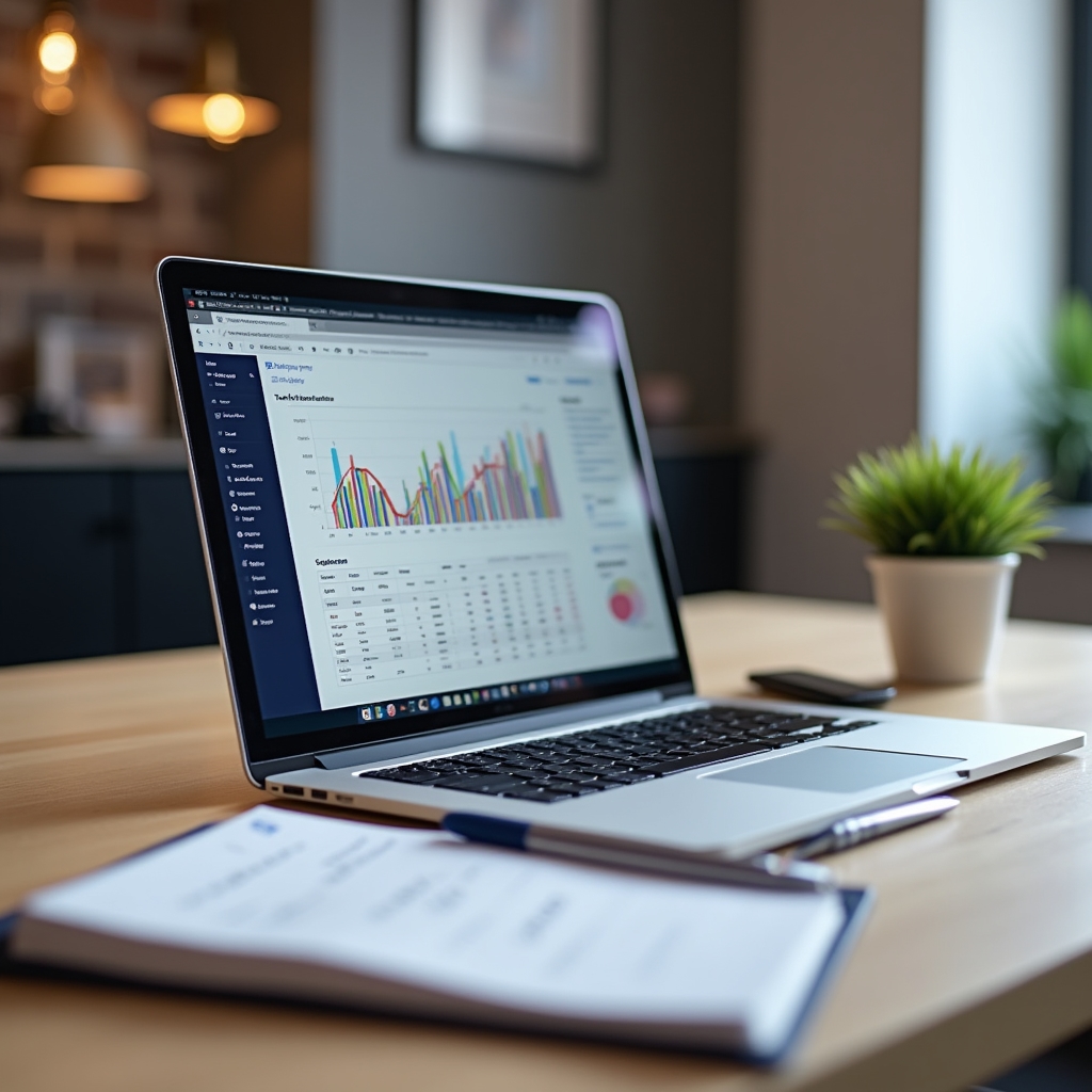 Laptop screen showing charts and a spreadsheet on a wooden desk beside a notebook