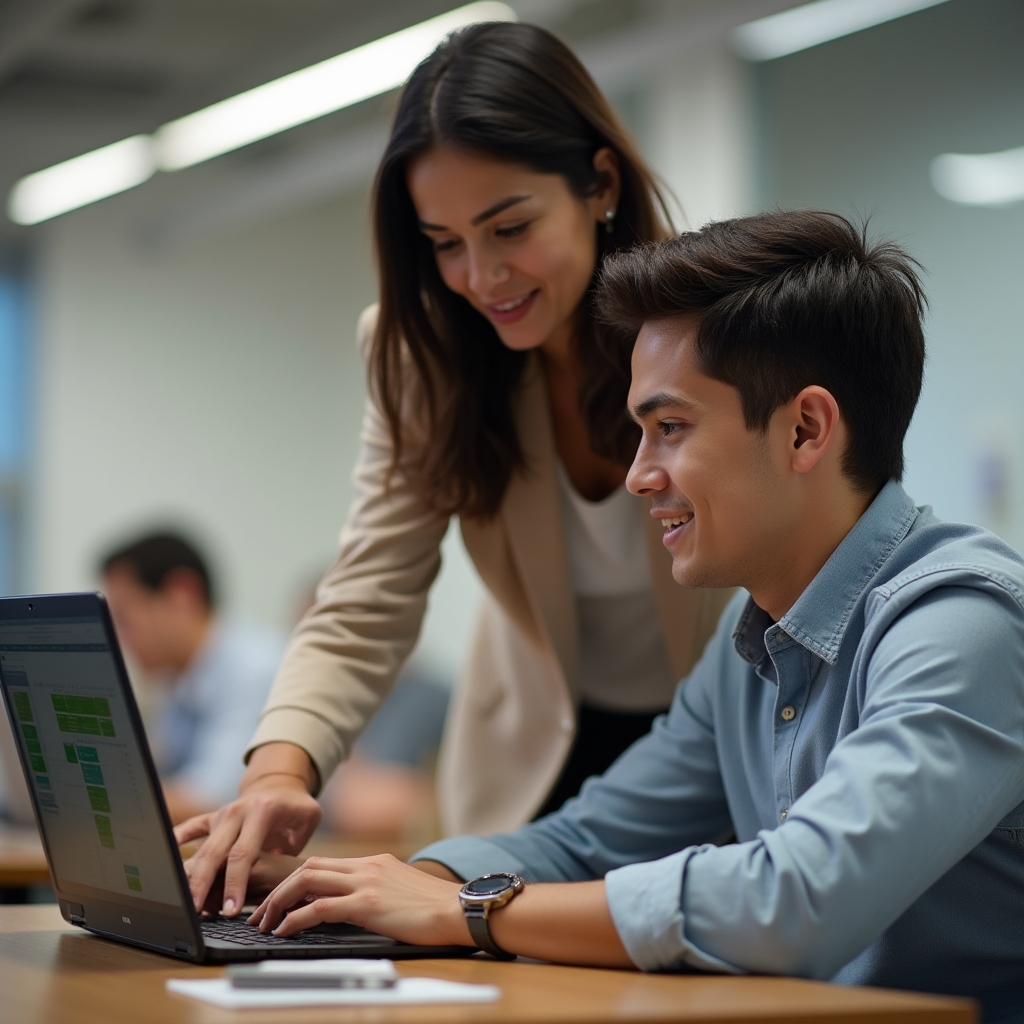 Instructor pointing at a laptop screen while guiding a student through a spreadsheet exercise
